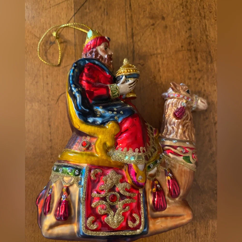 Christmas Tree Glass Ornaments Wise Man on Camel and Country Church Lot of 2